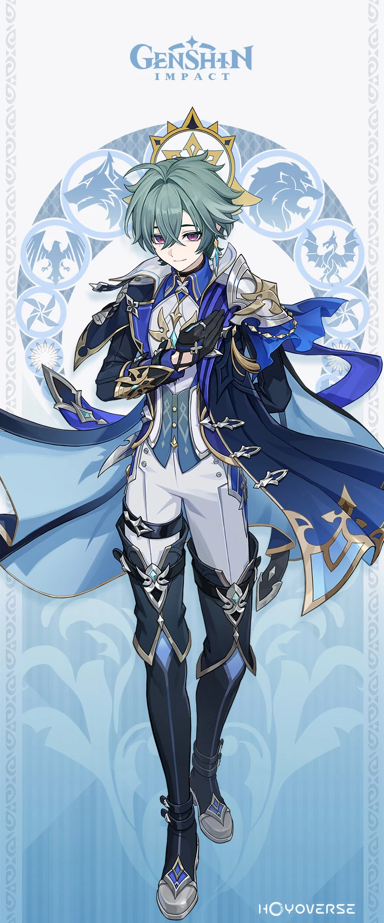 Lohen character portrait — the Vice Captain of the Knights of Favonius Fifth Company, wielding his polearm with Cryo frost